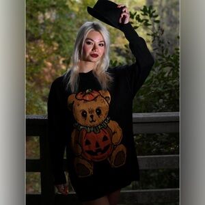 Trickz N’ Treatz Black Sweater with Pumpkin Bear Design